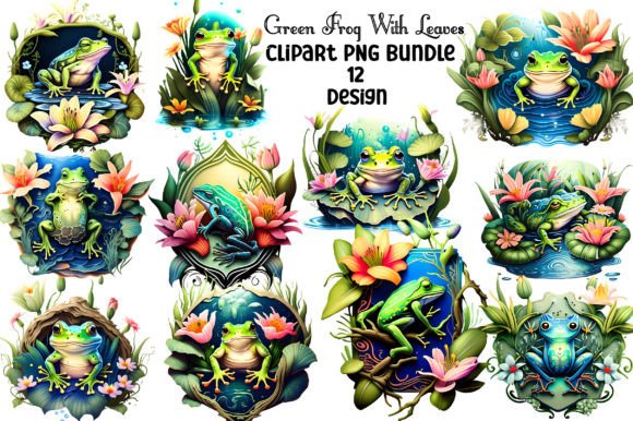 Green Frog with Leaves Clipart